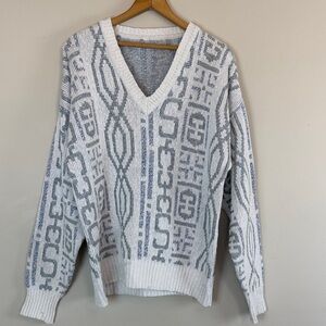 Vintage 90s Geometric Knit Sweater V-Neck Slouchy Retro Abstract Oversized NoTag